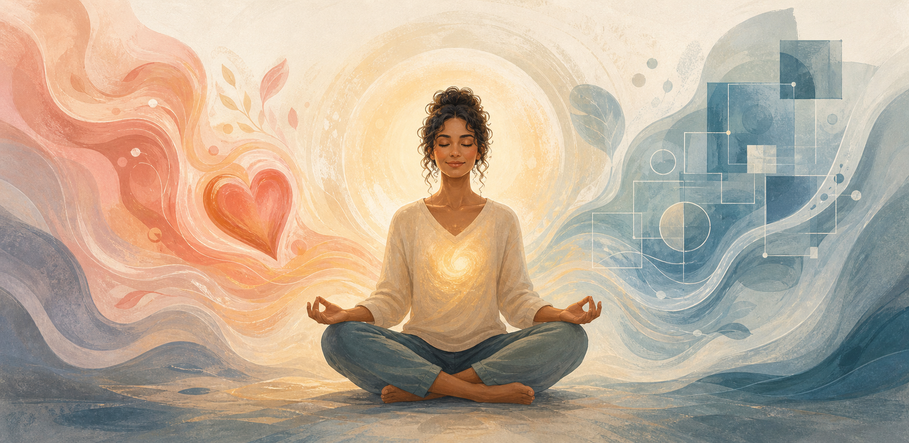 A calm person meditating between warm emotional imagery and cool geometric logical imagery